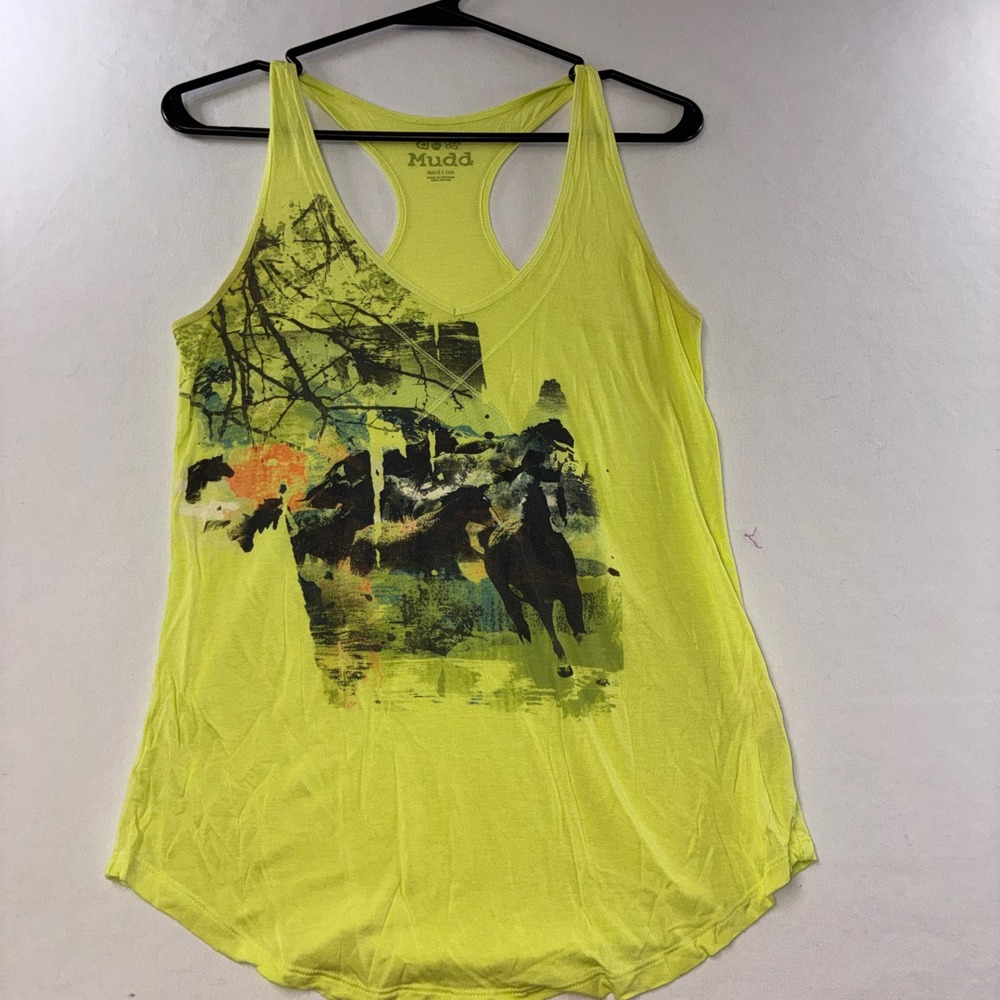 602 Indie Y2K Mudd Horse Graphic Racerback Tank Top Medium Neon Yellow Rayon